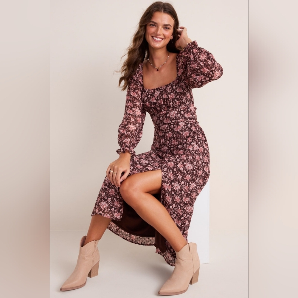 Francesca's Collections Paige Long Sleeve Floral Midi Dress